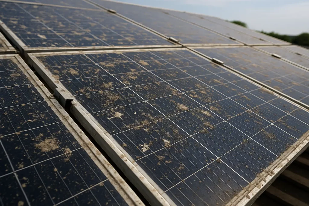 Dreckige Photovoltaikanlage welche dringend professionell gereinigt werden muss, um mehr Energie zu produzieren.